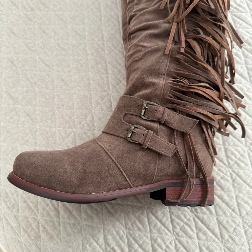 NWOB Brown Vegan Suede Over Knee Fringe Riding Boot Lined Western Boho Sz 6.5